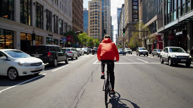 Professional cyclist wearing bright orange jacket navigating busy downtown Chicago streets, pedaling through urban landscape during sunny daytime