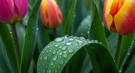 Close-Up Of Tulip Blossoms With Water Droplets On Green Leaves Showcasing Nature's Beauty