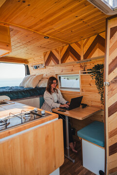 Remote work lifestyle in a camper van