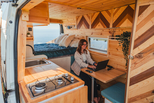 Remote work lifestyle in a camper van
