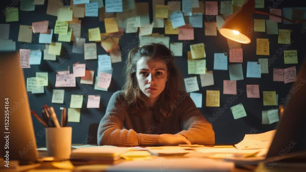 Poster young project manager looking stressed while working late at night in her office, using sticky notes