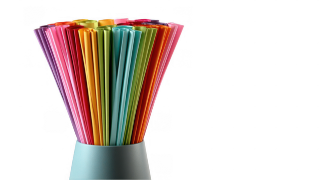 Colorful rolled paper sheets are arranged in a light blue vase, creating a vibrant display against a transparent background, ideal for creative projects and designs