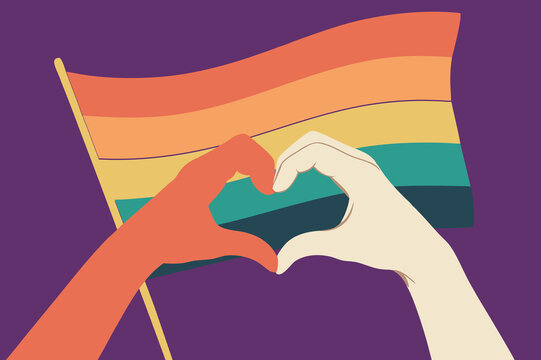 Naklejki Hands forming heart in front of pride flag illustration