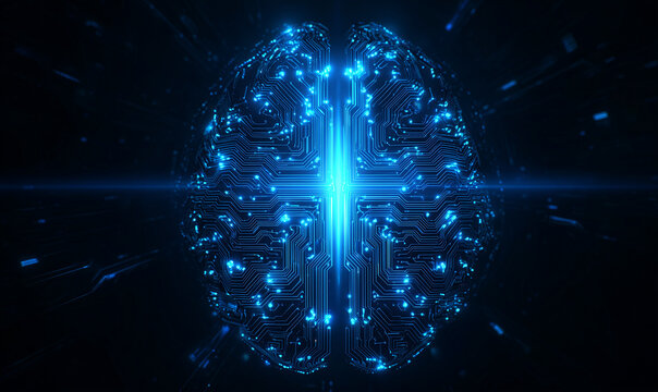 Blue digital brain made of circuit board lines glowing in the dark