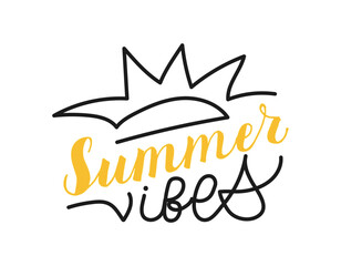 Summer Vibes handwritten phrase. Hand-drawn Calligraphy Lettering. One line black word and sun with editable stroke. Outline handwritten script. Quote for inspiring posters, social media posts.