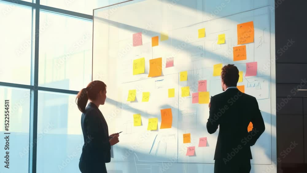 Poster two businesspeople are pointing at sticky notes on a whiteboard, planning a strategy for their compa