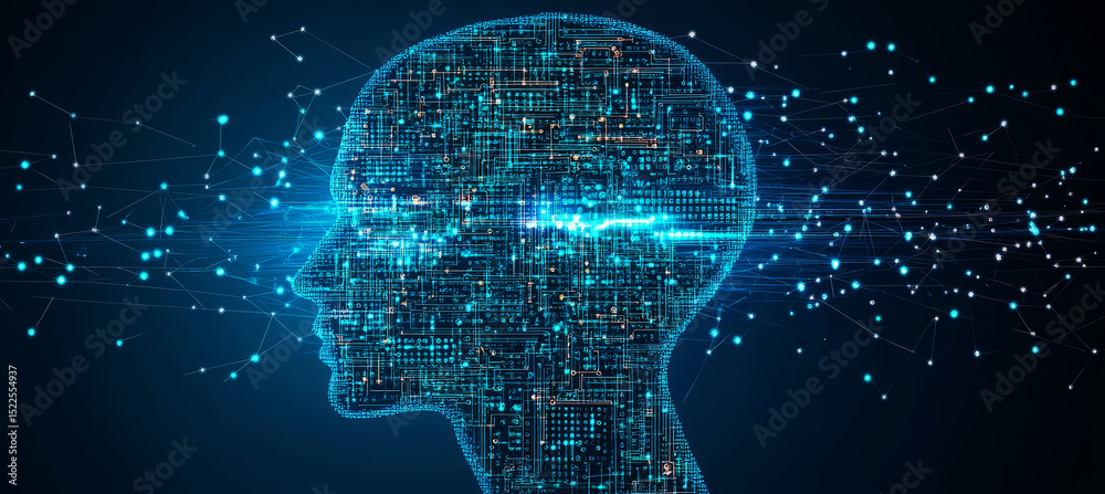 Poster abstract human head profile with binary code and circuit board background for artificial intelligenc