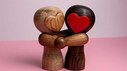 Wooden figurines of two people embracing with hearts on their chests in pastel background