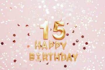 Number 15 fifteen golden celebration birthday candle on Festive Background. fifteen years birthday. concept of celebrating birthday, anniversary, important date, holiday