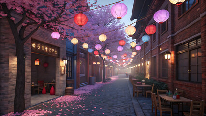 Romantic Lantern Street with Cherry Blossoms at Dusk
