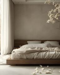 A minimalist bedroom with a modern wooden bed frame, clean lines, and soft, neutral colors