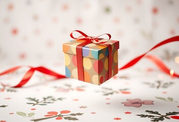 Festive Gift Box with Red Ribbon and Colorful Wrapping
