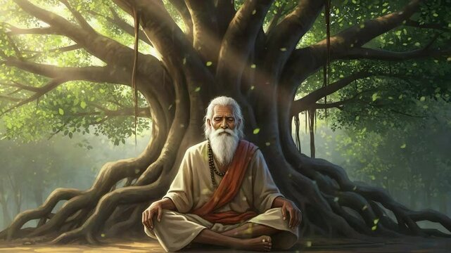 Wise old guru meditating under sacred banyan tree bathed in light, symbol of spiritual wisdom and ancient knowledge

