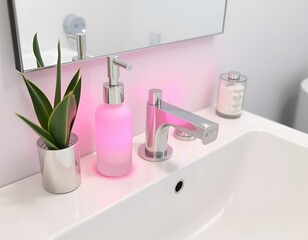 Modern Bathroom Sink with Pink Lighting and Accessories