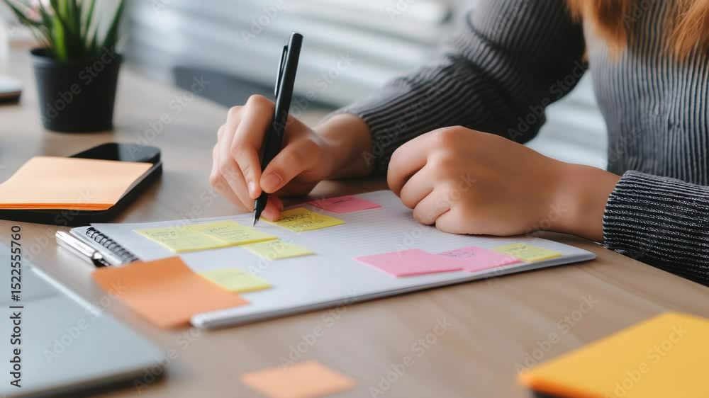 Poster businesswoman is writing notes on colorful sticky notes attached to a notebook on a desk in an offic