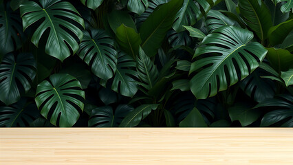 Wooden Table with Lush Tropical Monstera Leaf Background