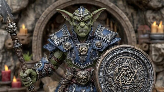 Fantasy goblin warrior stands guard in a stone fortress with spear and shield in a cinematic style