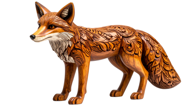 Wooden fox sculpture, intricately carved with wood grain details. The fox is in a standing position, facing slightly to the left isolated on solid white background 