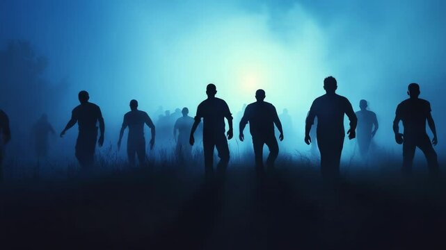Silhouetted figures of zombies walk towards the viewer in a foggy field at night, creating a chilling and suspenseful atmosphere of an ongoing zombie apocalypse