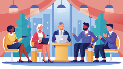 Diverse Business Professionals Attending Presentation with Laptops in Colorful Modern Conference Room