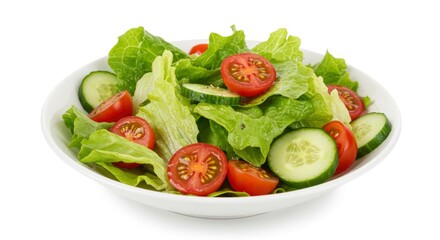 Fresh Green Salad with Tomatoes and Cucumbers in White Bowl against White Background for Healthy Diet and Organic Eating