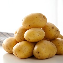 Pile of freshly harvested yellow potatoes on a white surface for culinary uses