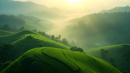 Aerial view of misty green terraced hills at sunrise, eco landscape for environmental and travel visuals.