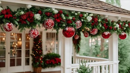Festive Christmas Porch Decoration with Garland, Ornaments, and Lights Creates a Holiday Ambiance - Powered by Adobe