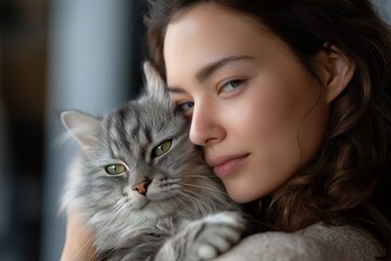 Young caucasian female with long hair holding fluffy gray cat indoors