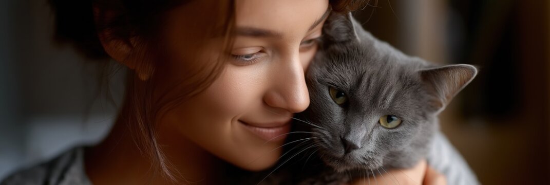 Young caucasian female cuddling gray cat in warm lighting - Powered by Adobe