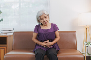 Elderly asian woman experiencing abdominal discomfort, holding her belly with both hands, sitting...