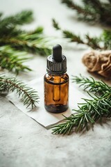 Pine essential oil in a glass bottle Branches of coniferous trees, Generative AI,
