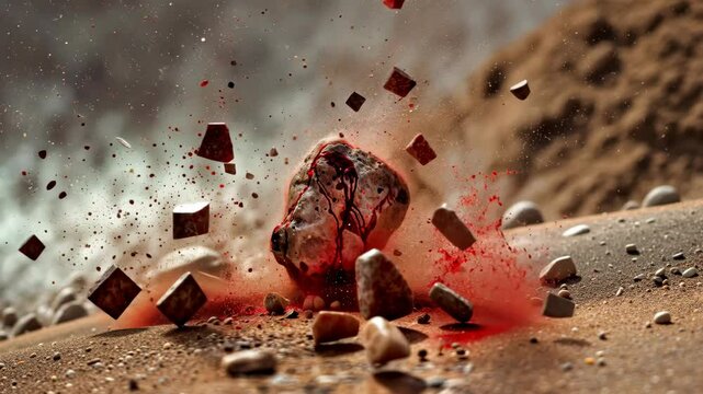 A bloodstained stone falling to the ground