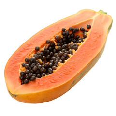 Freshly cut ripe papaya fruit showing the seeds isolated on a black background
