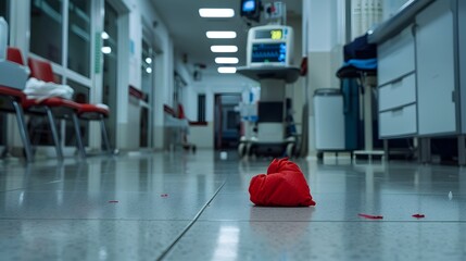 Obraz premium Red Fabric Crumpled on Hospital Floor in Empty Medical Corridor at Night