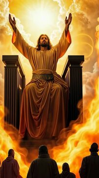 Divine Advocate Jesus Christ in the celestial throne with fiery presence vertical video