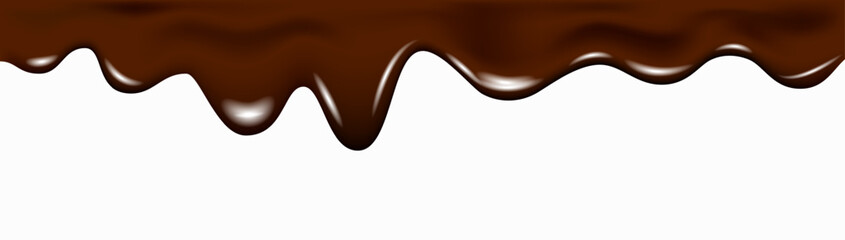 Realistic dark chocolate falling drops, dripping melted liquid cocoa cream.