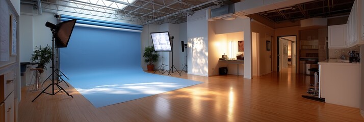 Professional photography studio with blue backdrop and lighting equipment