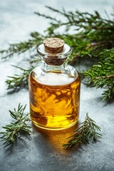 Pine essential oil in a glass bottle Branches of coniferous trees, Generative AI,