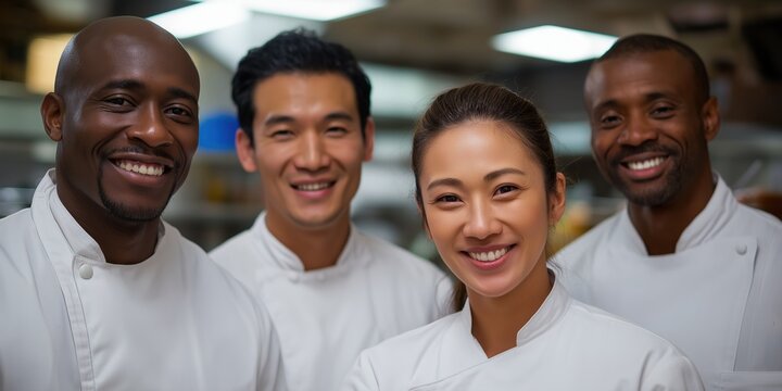 Diverse culinary team smiling in professional kitchen setting