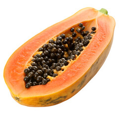 Freshly cut papaya fruit showing seeds against a black background studio shot