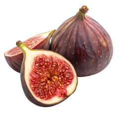 Freshly cut figs featuring ripe fruit with juicy red interior and natural texture isolated