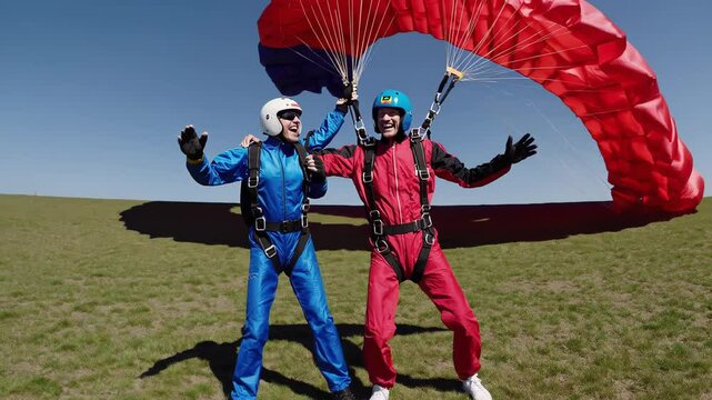 Skydivers celebrating successful parachute landing on verdant grassland, expressing mutual joy and achievement after thrilling aerial descent