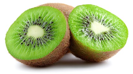 Fototapeta premium Close up studio shot of two freshly cut vibrant green kiwi fruit halves isolated