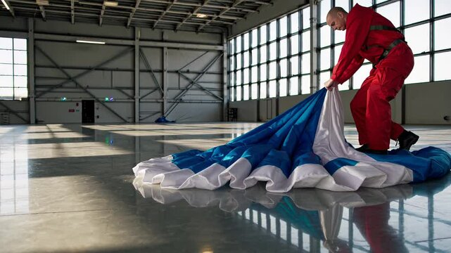 Professional skydiver meticulously folding, securing parachute after landing, verifying equipment integrity before next aerial adventure