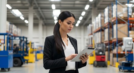 A focused woman in professional attire meticulously inspects inventory on a digital tablet. This dynamic warehouse setting showcases efficiency and attention to detail.