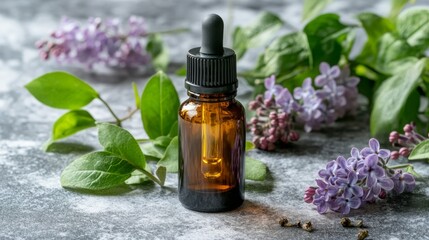 lilac oil extract in a small bottle, Generative AI,