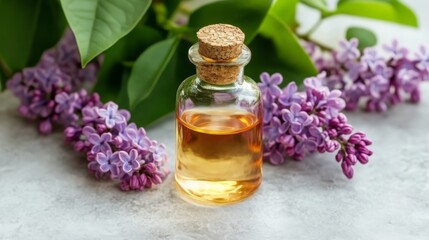 lilac oil extract in a small bottle, Generative AI,