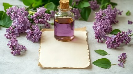 lilac oil extract in a small bottle, Generative AI,