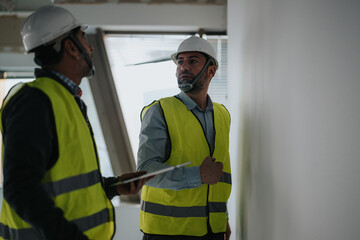 Construction professionals wearing reflective vests and helmets engaged in discussion at a...